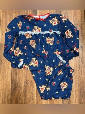 Vintage Navy Teddy Bear Pajama Set with Lace Trim
